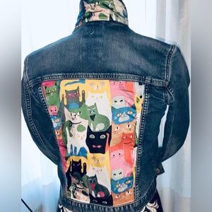 Adorable XXL GAP denim jacket embellished with a cute cat patterned silk scarf.